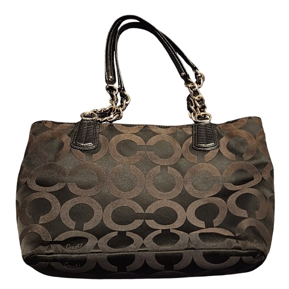 Coach Op Art Madison Purse Blk Signature Sateen Jacquard & Leather Handles 20481 - Picture 1 of 9